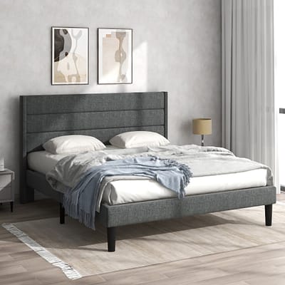 Sweiko gestoffeerd bed 140 x 200 cm, bedframe met lattenbodem & hoofdeinde, gestoffeerd tweepersoonsbed, bekleding linnen in donkergrijs, tijdloos modern design, jeugdbed