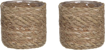 Mica Decorations Plantenpot - 2x - rotan - bruin - plantenmand - 12 x 12 cm - Met plastic binnenkant