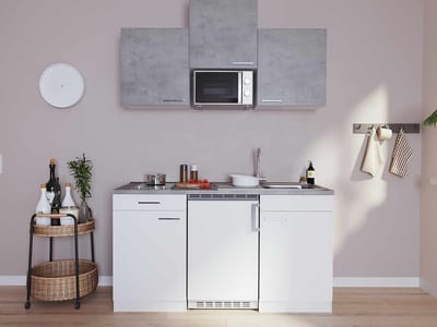 Goedkope keuken 150 cm - complete kleine keuken met apparatuur Malia - Wit/Beton - keramische kookplaat - koelkast - magnetron - mini keuken - compacte keuken - keukenblok met apparatuur