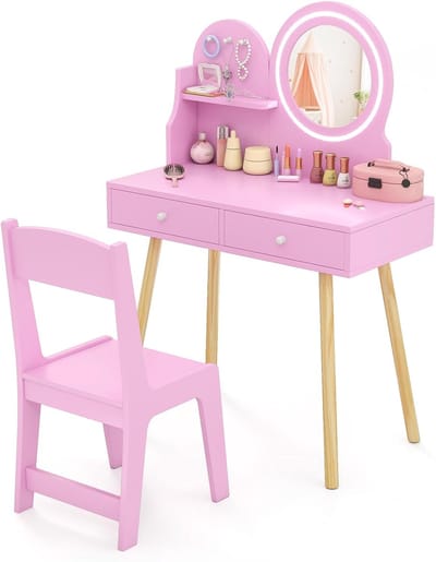 KOMFOTTEU Make-uptafel voor kinderen, kaptafel prinses met pvc-spiegel met 2-kleurige ledverlichting, open rek, 3 haken, 2 laden en grenenhouten poten voor kinderen vanaf 3 jaar