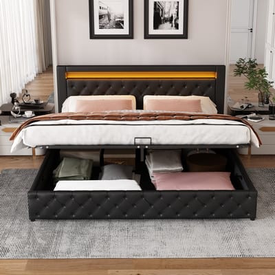Gestoffeerd Bed met LED-verlichting - 160 x 200 cm - Tweepersoonsbed - Opbergbed met Opbergruimte - Zonder matras - Zwart