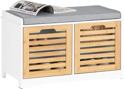 SoBuy FSR23-II-WN Schoenenbank voor entree, met gevoerd kussen, 2 deuren, 4 vakken, 71x35x43 cm, wit/ecru