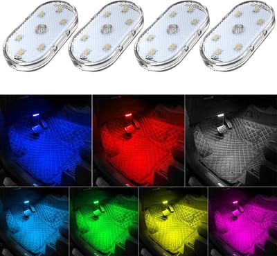 Daity Set van vier LED-autolampjes - draadloos ontwerp - zeven kleuren beschikbaar - voorzien van zes LED-lampjes met hoge helderheid - draagbaar USB-opladen - te gebruiken als LED-nachtverlichting voor in de auto - voor autodecoratie (wit).