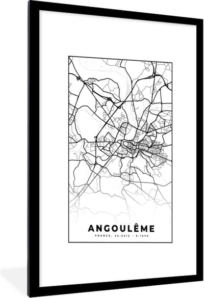 Fotolijst incl. Poster Zwart Wit- Plattegrond – Kaart – Angoulême - Frankrijk – Stadskaart - Zwart wit - 60x90 cm - Posterlijst