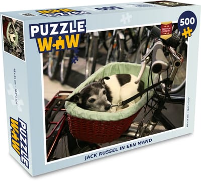 Puzzel Jack Russel hond in een fietsmand - Legpuzzel - Puzzel 500 stukjes