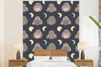 Behang - Fotobehang Uil - Patronen - Maan - Breedte 225 cm x hoogte 280 cm