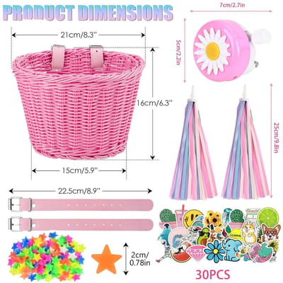 Dailygoods- Fietsmand met accessoires - Fietsbel - Kwastbanden - Stickers - Decoratie - Roze - 21x16x16 cm - Fietsaccessoires