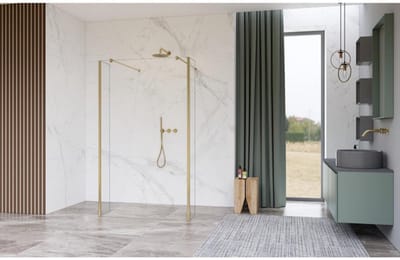FugaFlow Eccelente Vetro Vrijstaande inloopdouche badkamer - 120x200cm - Helder - antikalk - 8mm veiligheidsglas - 2 zijwanden 30cm - met wandarmen en hoekprofielen - Messing geborsteld (goud) -