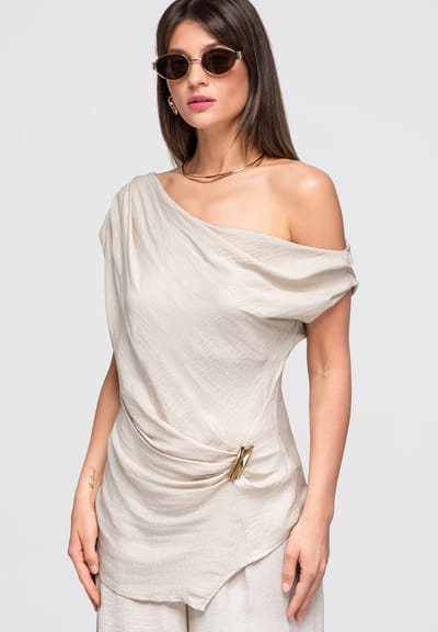 OMBRE Blouse - Loose Fit - Mouwloos - Knopen Beige L