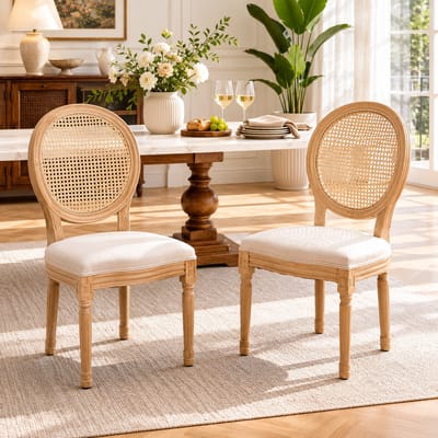 Eetkamerstoel van rotan - Set van 2 - Eetkamerstoelen - Eettafelstoel - Keukenstoel - Met rugleuning - Stof - Franse stijl - Beige