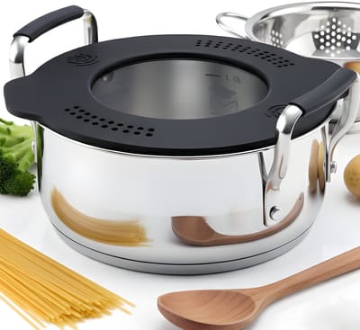 Lomera RVS Pan – Siliconen Deksel – Geschikt voor Inductie – Alle Warmtebronnen – Ø16 cm – Ruimtebesparend Opbergen – Gezond Koken – Siliconen Handvatten – Maataanduiding Binnenkant – Dubbel Afgietsysteem – 1,5 Liter Inhoud
