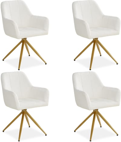 Homestyle4u Eetkamerstoelen van Linnen - 4 Stoelen - met armleuningen - draaibaar - Bouclé Beige en Gouden