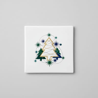 Decoratieve Keramische Tegel met Gestileerde Kerstboom & Steraccenten – Moderne Feestelijke Kerst Wanddecoratie – 15 × 15 cm