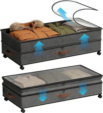 Opberglades op Wielen, 2-Pack 72L XXL Verstelbare Hoogte 10cm met Deksel, Ruimtebesparende Opbergdozen voor Kleding, Schoenen, Dekens en Speelgoed