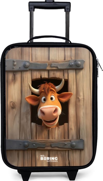 NoBoringSuitcases.com® - Kinderkoffer jongen - Kindertrolley meisje - Bruine stier steekt hoofd door houten deur - Koffer kind lichtgewicht - Reiskoffer trolley voor kinderen - Koffertje met lichtgevende wieltjes - Rolkoffer zwart