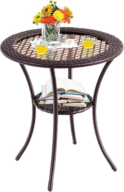 Ronde Bistrotafel met 2 Niveaus, PE-Rotan en Glasplank voor Binnen en Buiten