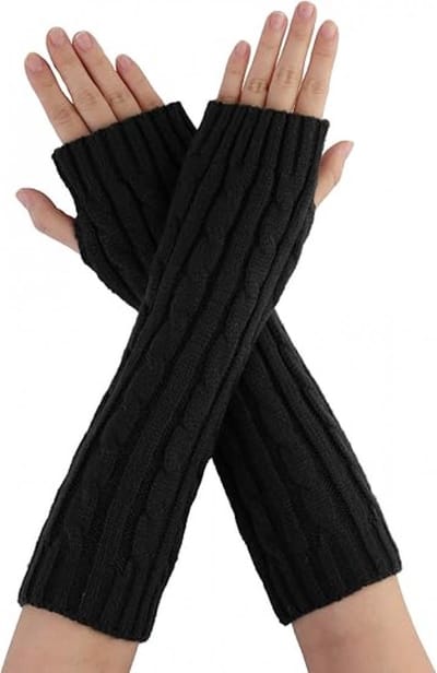Zwarte polsbandjes - Lange gebreide polsbandjes - Vingerloze handschoenen - Warme handschoenen voor buitenreizen - Vingerloze handschoenen - Winter gebreide duim-lange armhandschoenen - Halfvinger elastische mouwen - Gebreide armmouwen - Unisex