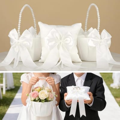 Ringkussen en bloemenmanden set - Bruiloft accessoires - Romantische bruiloften - Handgemaakt met lint - 15x15cm en 20x13cm - Wit