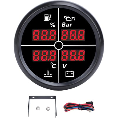 Jauge Multifonctionnelle 4 en 1 52mm Affichage Numérique Niveau de Carburant Pression d'Huile Température de l'Eau Voltmètre avec 81000330 Black Bezel Black Dial