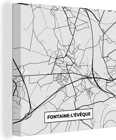 Canvas Schilderij Stadskaart – Zwart Wit - Kaart – Fontaine l'Évêque – België – Plattegrond - 20x20 cm - Wanddecoratie