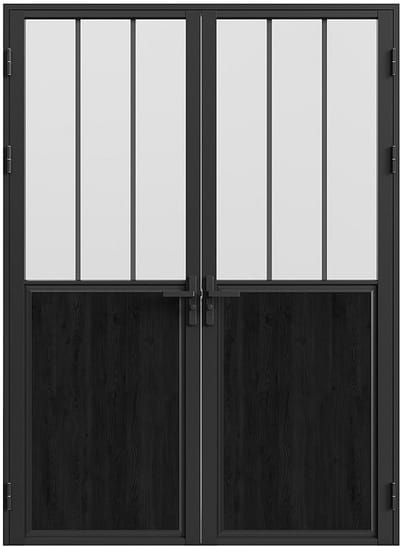 Vente-unique Omkeerbare dubbele deur in aluminium en mat gehard glas met atelierstijl - 2 x H204 x B83 cm - Zwart - ERMELO