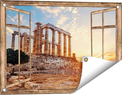 Gards Tuinposter Doorkijk Tempel van Poseidon in Athene, Griekenland - 60x40 cm - Tuindoek - Tuindecoratie - Wanddecoratie buiten - Tuinschilderij