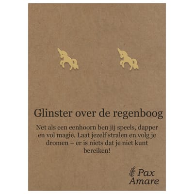 Stainless Steel Eenhoorn Oorbellen op Cadeau Kaartje - Glinster over de regenboog - ± 10x10mm Oorknopjes Goudkleurig Roestvrij Staal - Pax Amare