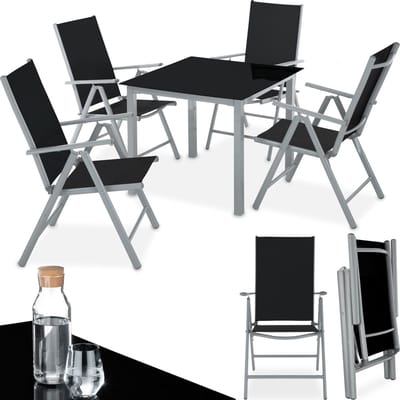 tectake® - Aluminium Tuinset - Zitgroep met 4 Tuinstoelen en 1 Tuintafel - Zilver/Grijs - Tuinmeubelset voor 4 Personen - Weerbestendig en UV-bestendig - Stoelen met verstelbare Rugleuning - Tuintafelset