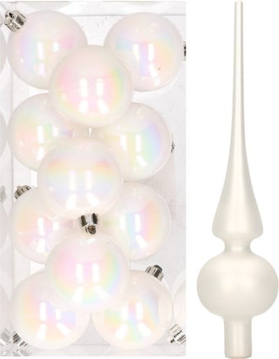 12x Parelmoer witte kunststof kerstballen met glazen piek mat - Kerstversiering