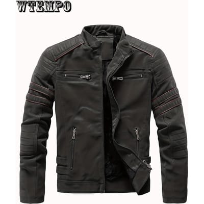 Veste de motard rétro en PU, veste décontractée en similicuir à col montant pour homme XXXXL black