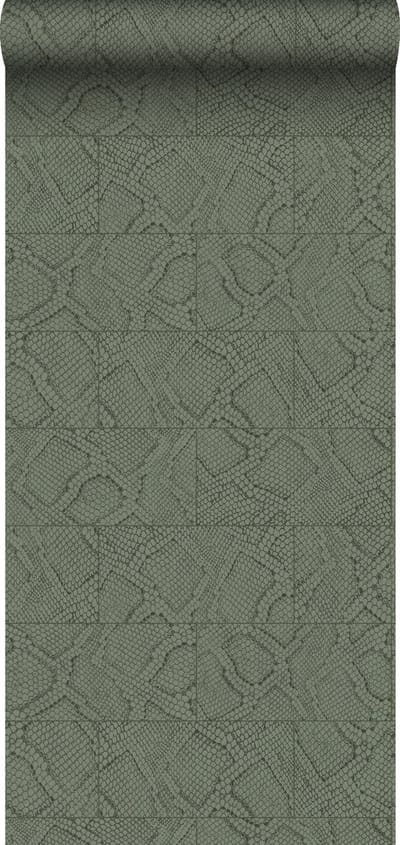 Origin Wallcoverings behang tegelmotief met slangenprint vergrijsd olijfgroen - 347787 - 0,53 x 10,05 m
