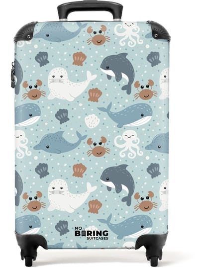 NoBoringSuitcases.com® - Kinderkoffer - Kindertrolley jongen en meisje - Patroon met dolfijnen, zeehonden en krabben - Handbagage koffer lichtgewicht - Reiskoffer trolley kinderen - Rolkoffer met wieltjes - Past binnen 55x40x20 en 55x35x25