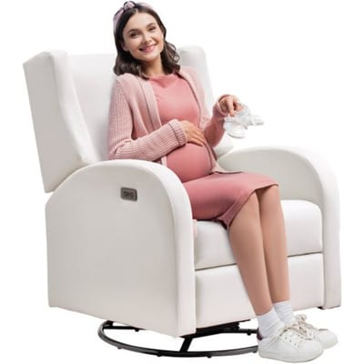 VEVOR Elektrische relaxfauteuil met draai- en glijfunctie, draagvermogen 113,4 kg, draaistoel met glijfunctie en verstelbare hoek, met polyester oppervlak voor woonkamer, slaapkamer, crèmewit