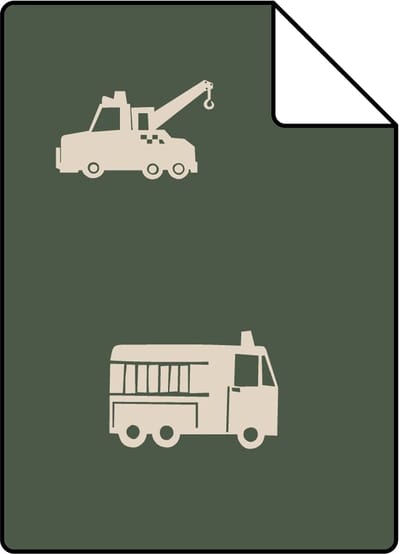 Proefstaal ESTAhome behang auto's, brandweerauto's, helikopters en kranen vergrijsd olijfgroen - 26.5 x 21 cm - 131455-S
