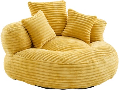 Gele ribfluweel zitzak - Zitzak met hoge rugleuning - Ergonomisch ontwerp - Inclusief drie kussens - 250kg draagvermogen - Woonkamer - 108x108x52cm - Geel