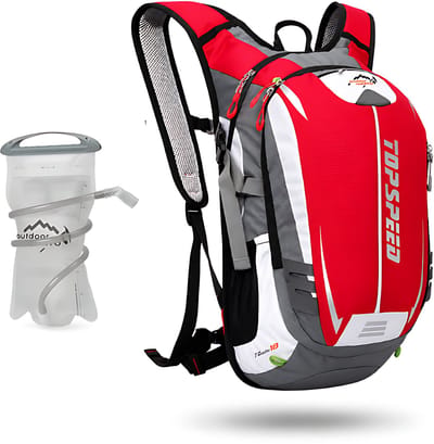 CarryQuest® - 18L Hydratatie Rugzak + 2L Waterzak - Waterafstotende Nylon Fietsrugzak met Reflecterende Strepen, Fluit & Elastische Flessenhouders - 45x24x15 cm - Rood
