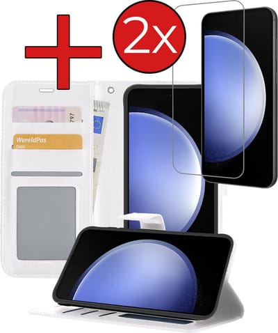 Hoesje - Met 2x Screenprotector - Geschikt voor Samsung Galaxy S23 FE - Luxe Pasjeshouder - Flip Case - Bookcase Portemonee - Kunstleer Book Case - Flipcase Hoes - Book Cover - Walletcase - Portemonneehoes - Telefoonhoes - Wit