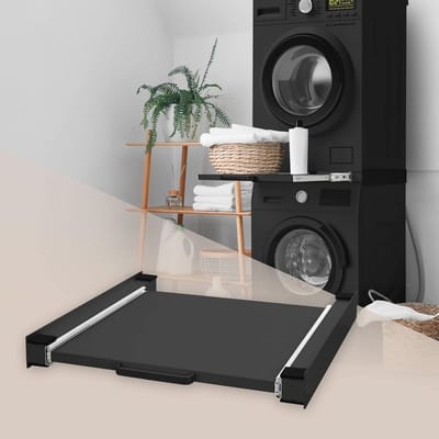Universeel Tussenframe voor Wasmachine en Droger met Uitschuifbare Plaat - 60x60 cm - Zwart Verbindingsframe en Opbergruimte