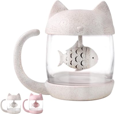 Glazen Theekop voor Katten met Waterfles en Vis, Theefilter en Zeef, 250 ml voor Huisdieren