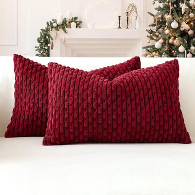 Sungeek Set van 2 wijnrood, zachte corduroy decoratieve kussenhoezen, boho, gestreepte kussenslopen voor bank, woonkamer, terras, boerderij, woondecoratie, kussenslopen 40 x 60 cm