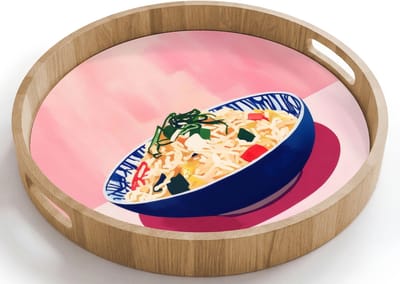 Dienblad rond 40x40 cm - Schootdienblad hout - Rijst - Illustratie - Kom - Groente - Borrelplank rechthoek - Plateau houten dienbladen
