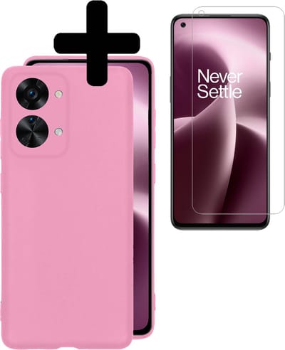 Hoesje - Met Screenprotector - Geschikt voor OnePlus Nord 2T - Sterk & Shockproof - Back Cover - Siliconen Case - Telefoon Hoes - Telefoonhoesjes - Lichtroze