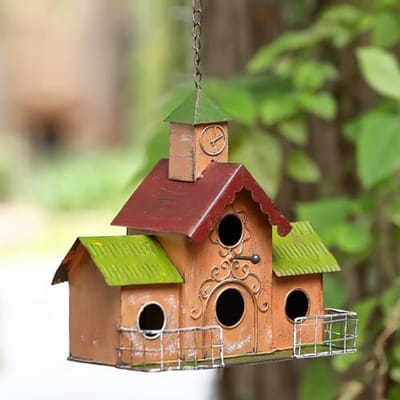 Grote Buiten Hangende Vogelhuisjes met 4 Openingen en Klokkentoren - Gemakkelijk te Reinigen, Met Perches