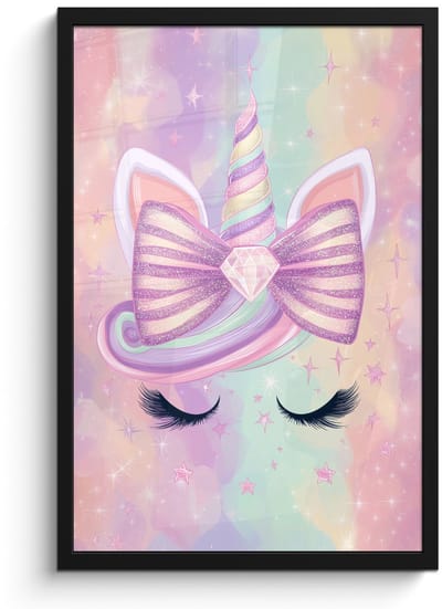Poster in lijst - Fotolijst 40x60 cm - Posters - Eenhoorn - Glitters - Regenboog - Pastel - Posterlijst zwart - Decoratie - Wanddecoratie woonkamer - Muurdecoratie slaapkamer