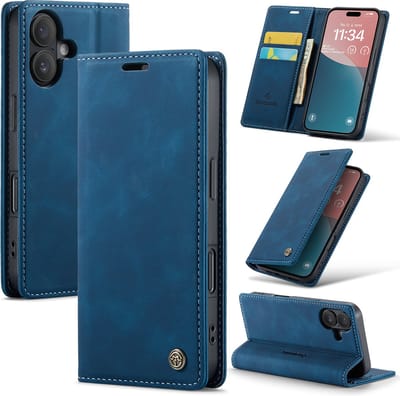 Casemania Hoesje Geschikt voor Apple iPhone 16 - Navy Blue - Dunne Portemonnee Book Case - Slim Wallet Case met Pasjeshouder