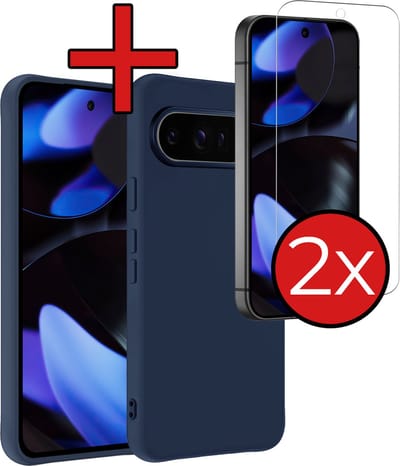 Hoesje - Met 2x Screenprotector - Geschikt voor Google Pixel 9 Pro - Sterk & Shockproof - Telefoon Hoes - Back Cover - Siliconen Case - Telefoonhoes - Donkerblauw