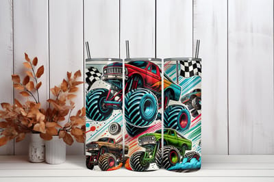 Thermosbeker Monstertruck - 600 ml RVS Tumbler met Rietje - Cadeau - Schoolbeker - Antilek dop - Vaatwasserbestendig - Werkbeker - To go beker - Zomaar