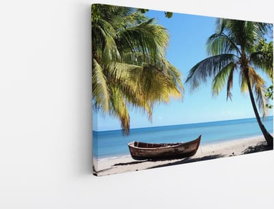 Saammp Canvas Schilderij - Boot op het zand - strand en zee - Tropisch - 45x30 - Foto op canvas - Wanddecoratie - muurdecoratie Woonkamer - Slaapkamer decoratie - Canvas Print