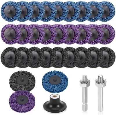 Dailygoods - CSD Schuurschijf, 30 stuks, grove reinigingsschijven, 5 cm, boormachine, slijpschijven, reinigingsschijf set met twee trekstangen voor ontroesten of polijsten, 3 kleuren