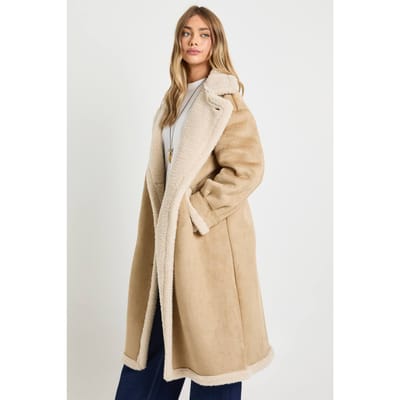 boohoo Dames Teddy Trim Maxi Aviator | Beige | Maat: 42